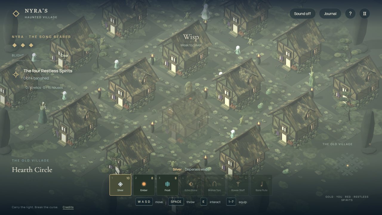 The misty village from above: timber cottages with ragged thatch, mossy stone and warm windows